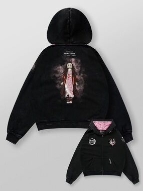 YoungLA Black Puffer Hoodie with Pink Lining and Anime Back Graphic